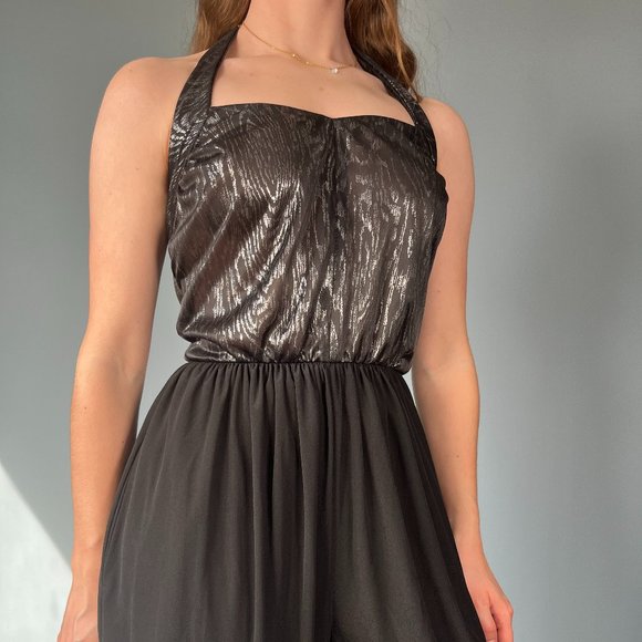 Vintage 80s Jumpsuit, 1980s Black Metallic Halter Parachute Pant One Piece - Picture 2 of 9